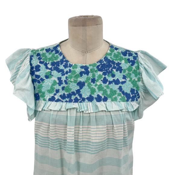 J.Marie Blouse Top Flutter Sleeve Embroidered Floral Stripe Size Small - Picture 2 of 13